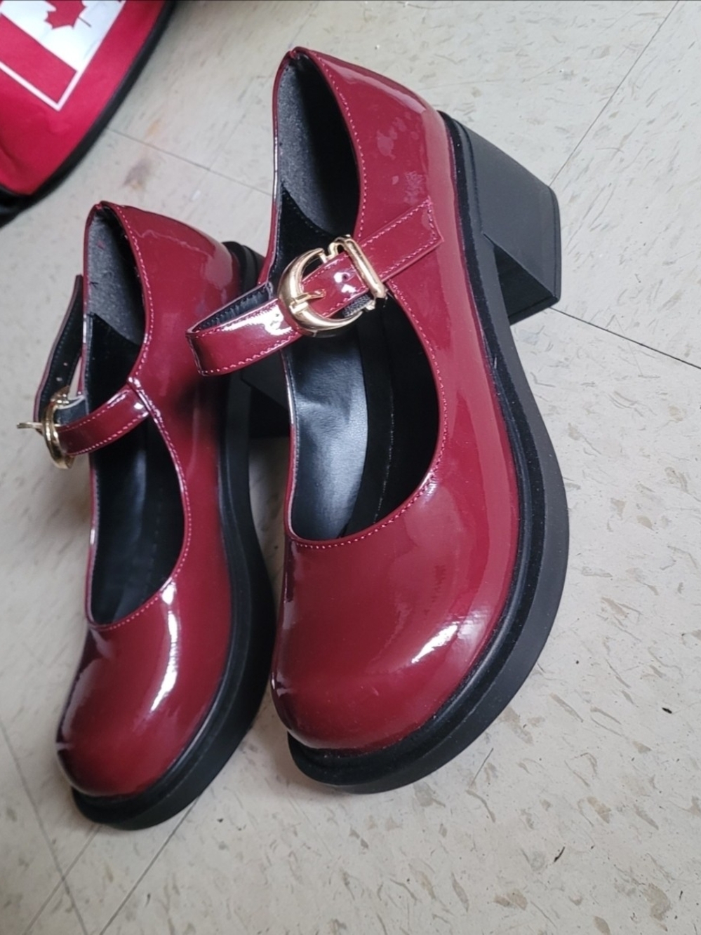 Patent Mary Jane Block Heel Pumps - Burgundy